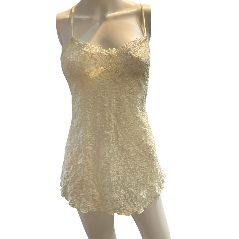 Vintage Cinerma Y2K Tank Cami Ivory Satin Beaded Lace M Fairy Romantic Ballet